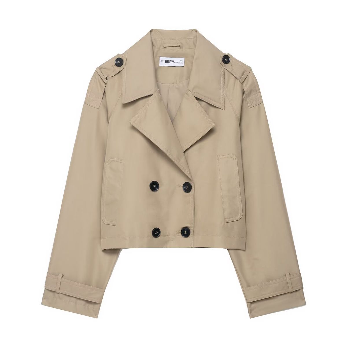 Double-Breasted Short Trench Coat – Parisian Café Core (Polyester, Tailored Collar, Spring Neutral Palette)_ecoleips.com