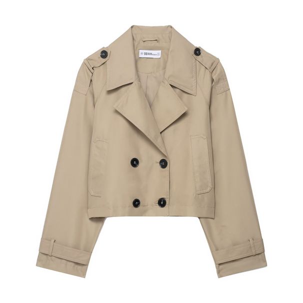 Double-Breasted Short Trench Coat – Parisian Café Core (Polyester, Tailored Collar, Spring Neutral Palette)_ecoleips.com
