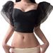 Cross-border Mesh Puff Sleeve Patchwork Chest Pads, Black Off-shoulder Bustier Tank Top With Ruffles_ecoleips.com