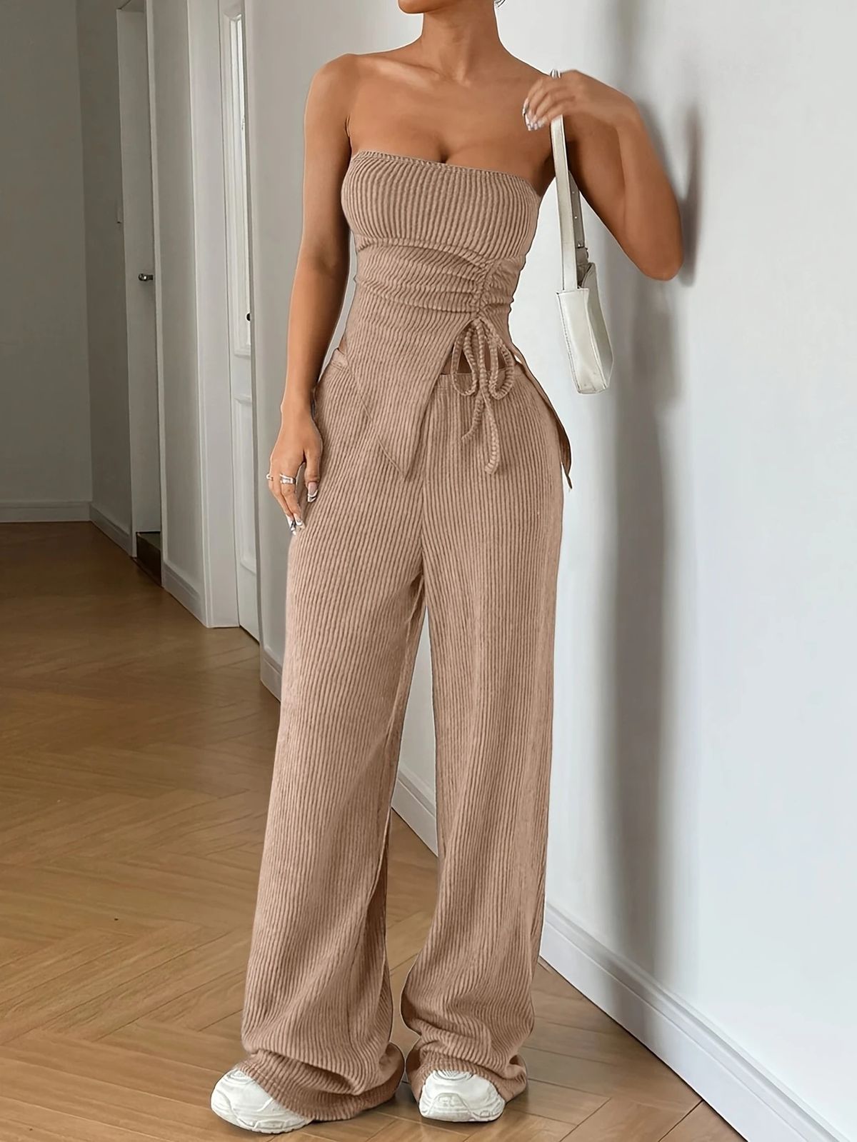 Women's Summer Fashion Set Elegant Commuter Style With Ribbed Sleeveless Tie Front Top And Casual Two-Piece Ensemble_ecoleips.com