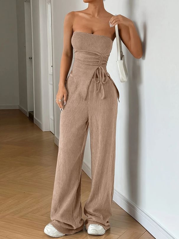 Women's Summer Fashion Set Elegant Commuter Style With Ribbed Sleeveless Tie Front Top And Casual Two-Piece Ensemble_ecoleips.com