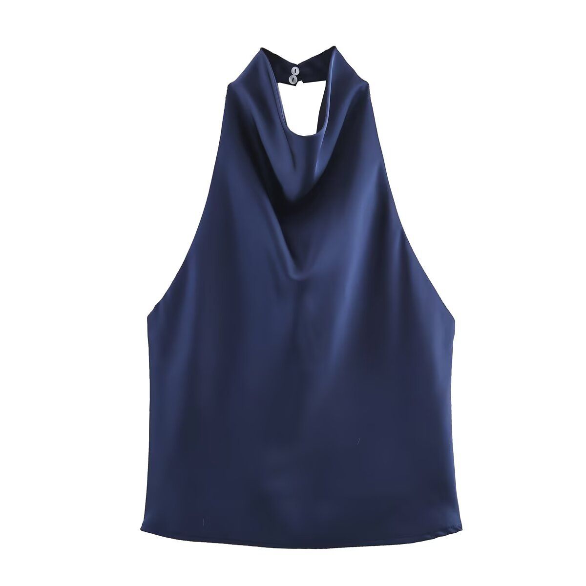 Satin-Finish Backless Halter Neck Top – Versatile Solid Color Tee For Summer (S/M/L, Polyester, Streetwear Essential)_ecoleips.com