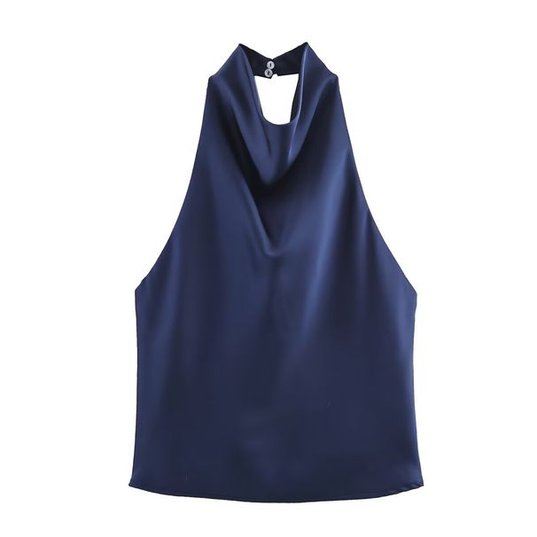 Satin-Finish Backless Halter Neck Top – Versatile Solid Color Tee For Summer (S/M/L, Polyester, Streetwear Essential)_ecoleips.com