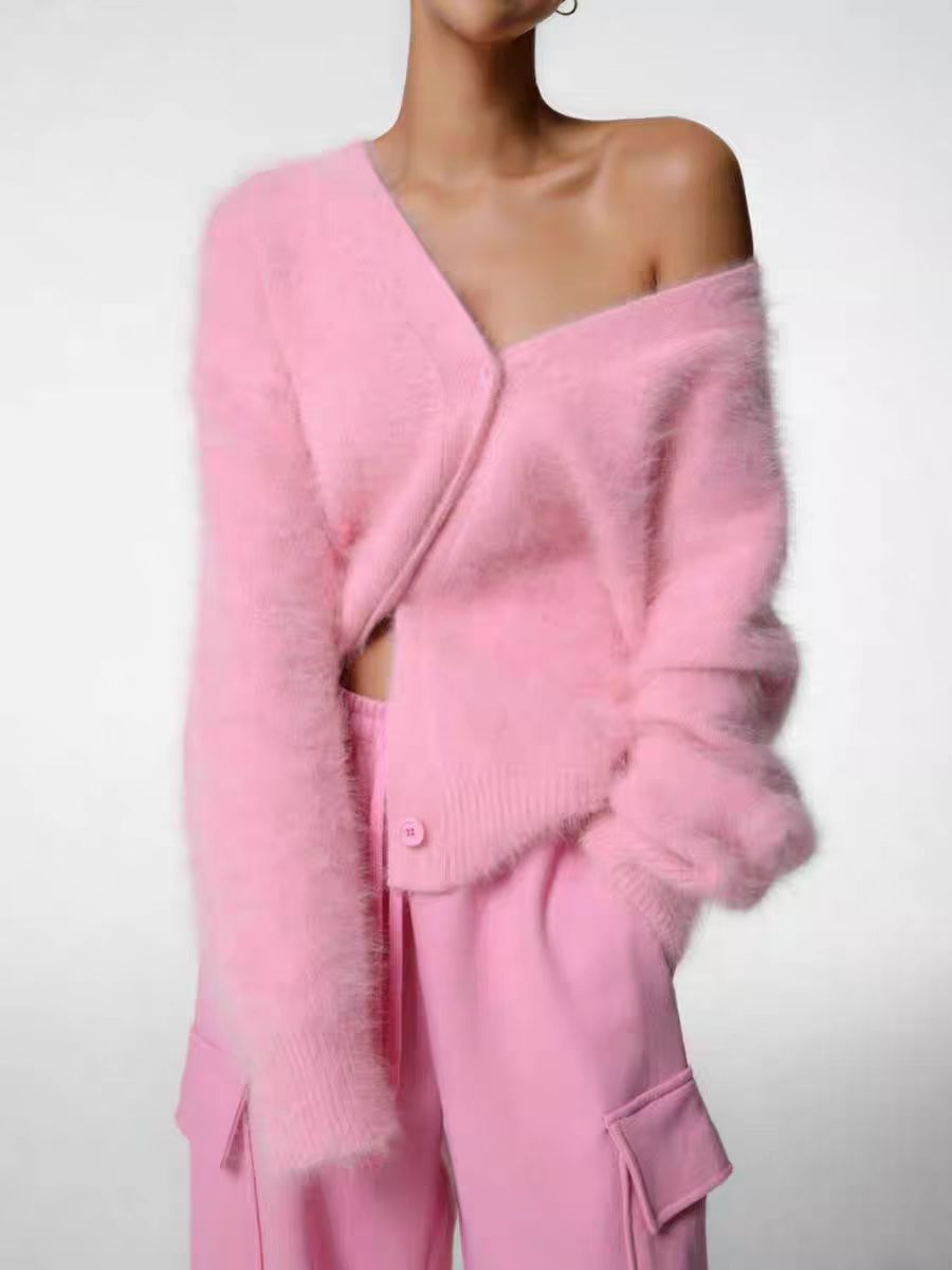 Luxury Faux Mink Knit Cardigan – Oversized V-Neck Sweater Coat For Women, Soft & Warm Long Sleeve Open Front Wrap, Elegant Fall Winter Fashion_ecoleips.com