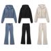 Vintage-Inspired Women's Two-Tone Crop Hoodie & Flared Pants Set – Stylish Polyester Lounge Outfit For Casual & Office Wear (Blue/Black/Beige, S/M/L)_ecoleips.com