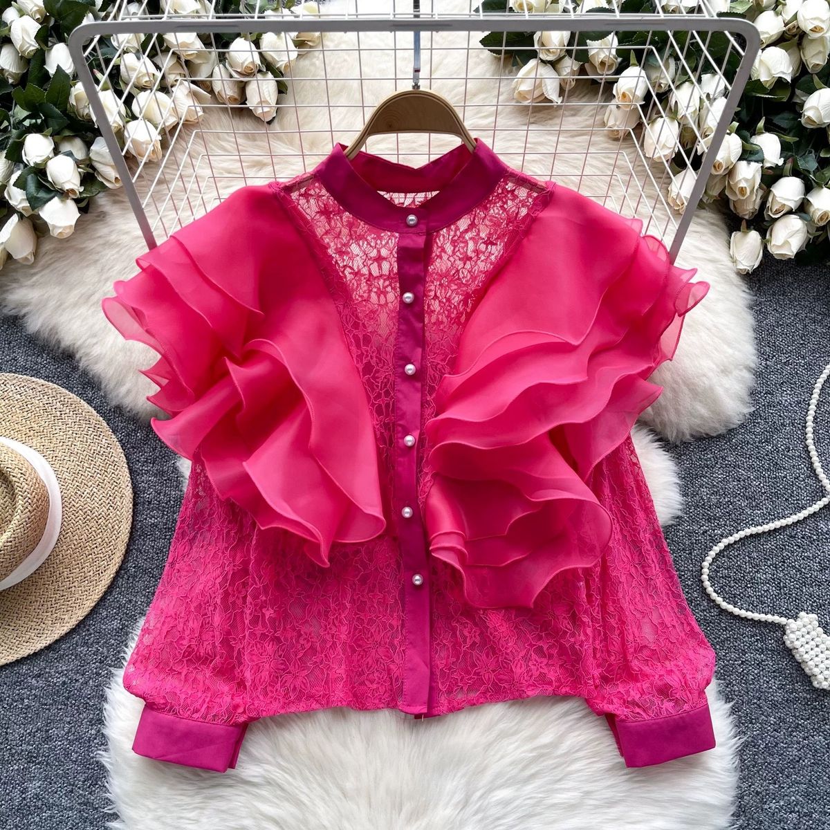 Women's Clothing Niche Light Luxury Three Dimensional Ruffle Stitching Round Neck Pearl Single Breasted Versatile Lace Crop Top_ecoleips.com