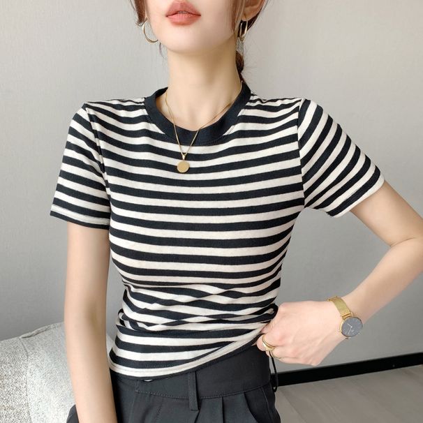 Summer Fashionable, Unique And Niche Internet-Famous Top, Striped Pure Cotton Short-Sleeved T-Shirt For Women's Wear Wit_ecoleips.com