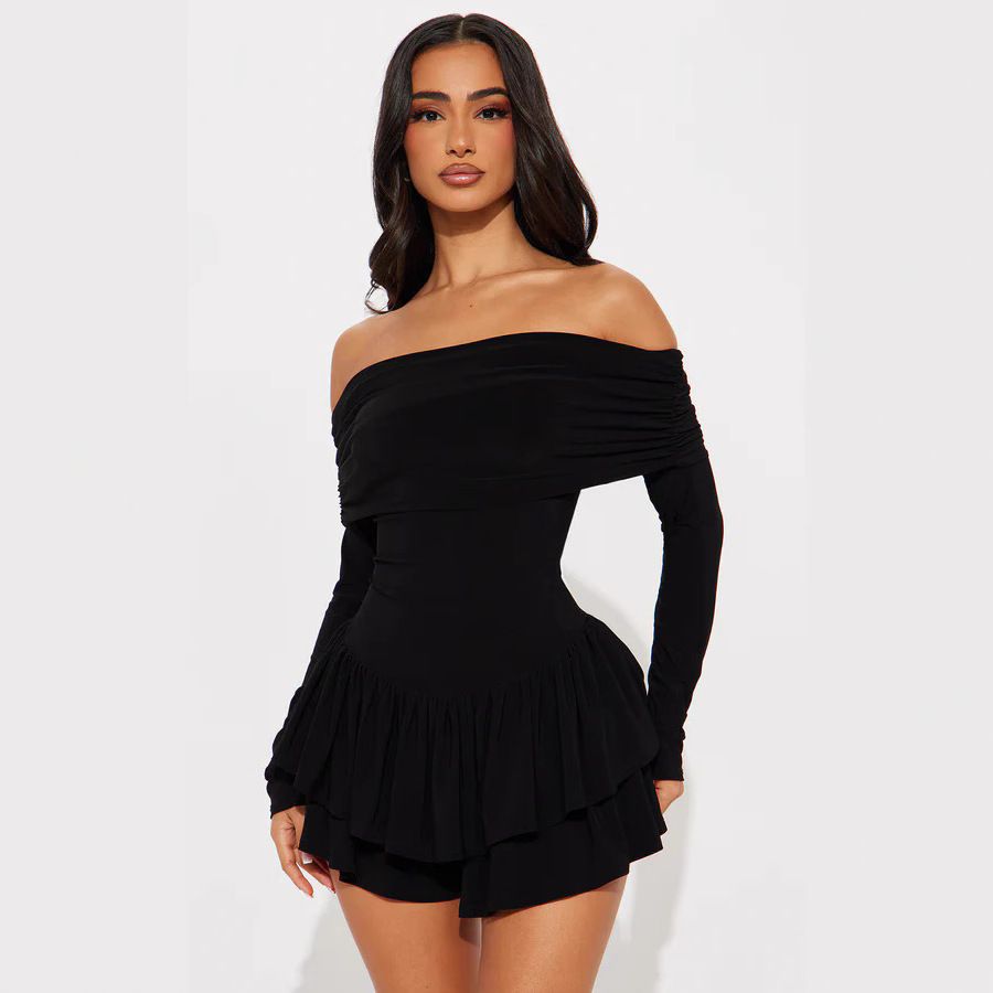 Elegant Off-Shoulder Women's Long Sleeved Pleated Dress Sexy Party Wear European American Style Solid Color Cross Border Design_ecoleips.com