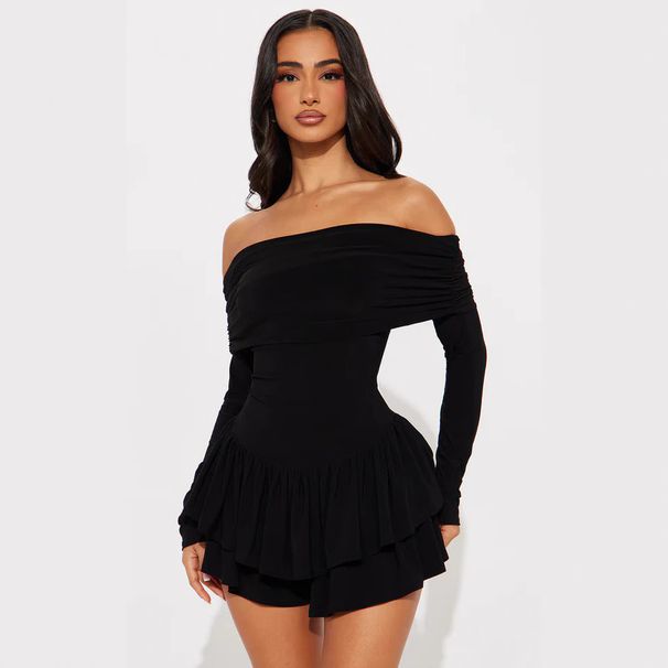 Elegant Off-Shoulder Women's Long Sleeved Pleated Dress Sexy Party Wear European American Style Solid Color Cross Border Design_ecoleips.com