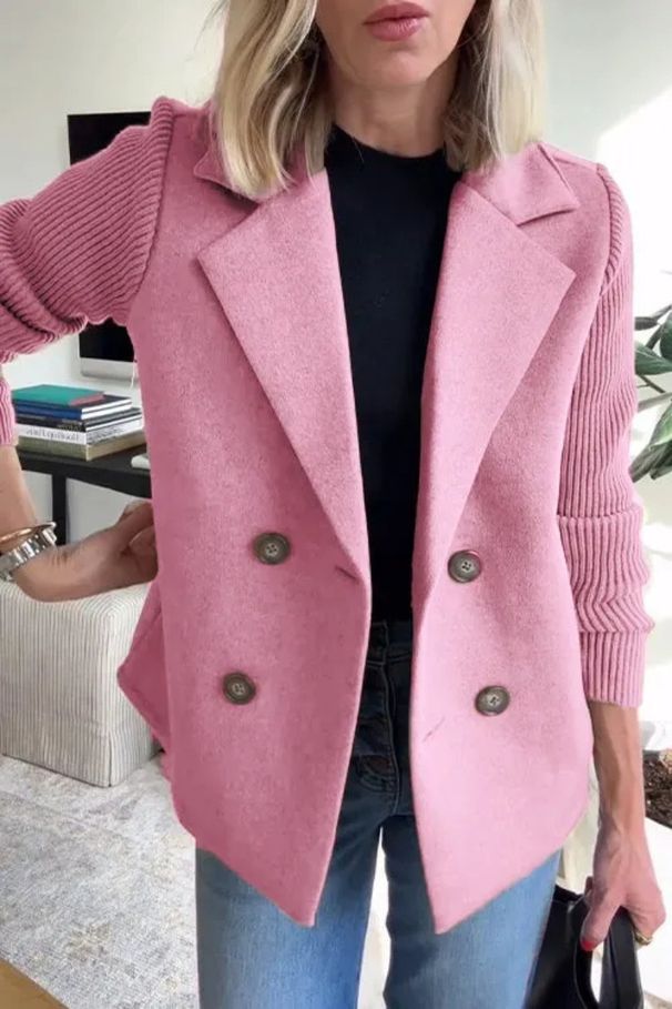 Women's Clothing Blazer Style Casual Wool Blend Coat - Slim Fit Double Breasted Jacket With Notch Lapel, Long Sleeve Office Wear (Khaki, Dark Brown)_ecoleips.com