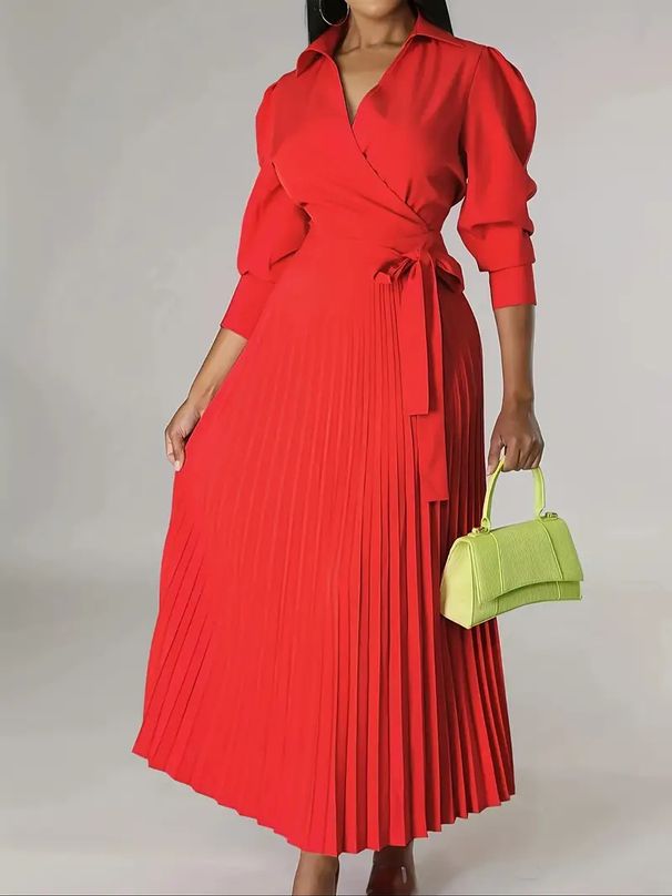 2025 Elegant Stand Up Collar Long Sleeve Waist Pleated Long Skirt Small Elegant Dress_ecoleips.com