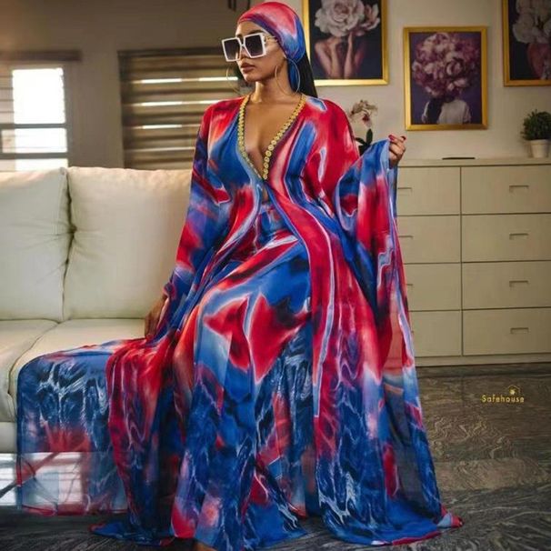 Women's Clothing Chiffon Plus Size Deep V Printed Elegant Long Dress_ecoleips.com