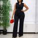 Summer Fashion Women's Solid Color Sleeveless Jumpsuit With Tie Collar Wide Leg Pants Style_ecoleips.com