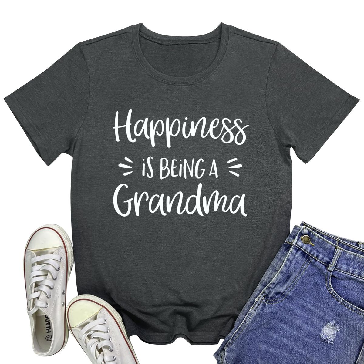 YITAN Women Happiness Is Being Printed Graphic Tee Tops_ecoleips.com
