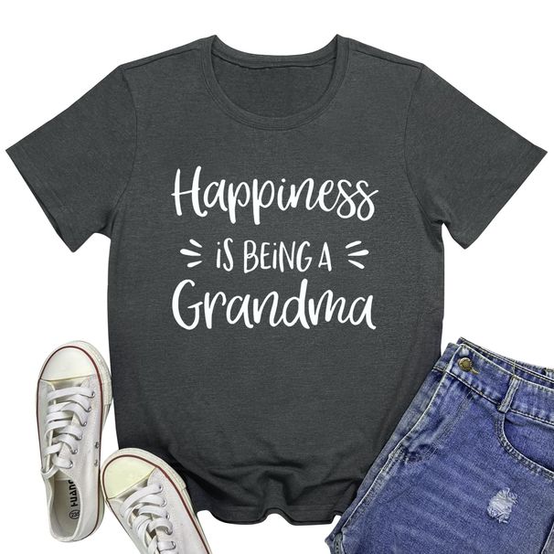 YITAN Women Happiness Is Being Printed Graphic Tee Tops_ecoleips.com