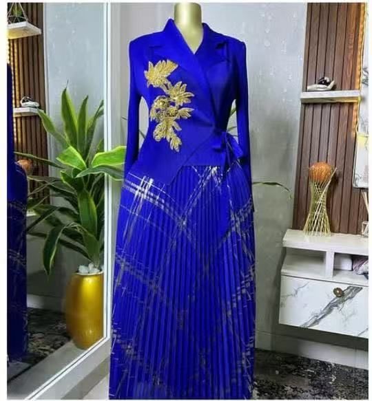Plus Size Pleated Dress Fashion Suit Collar Hand Embroidered Hot Stamped For Women African Style_ecoleips.com