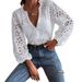 Elegant V-Neck White Blouse Women's Loose Long Sleeve Shirt – Breathable Polyester With Lace Cutout Detail, Office & Casual Chic, S-XXL_ecoleips.com