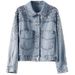 "Women's Distressed Denim Jacket With Sequin Embellishments - Vintage Washed Cropped Oversized Style (Light Blue/Black)"_ecoleips.com