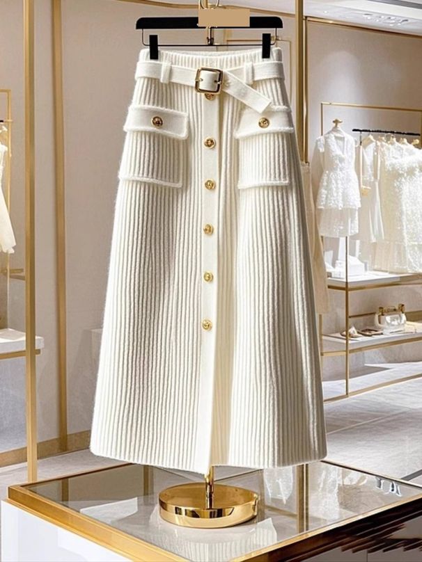 Women's Clothing Fashionable And Chic Knitted Women’s High-Waisted A-Line Skirt – Winter Knit Midi Skirt With Elegant Embroidery (Black/White, S-XXL)_ecoleips.com