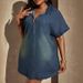 Plus Size Denim Shirt Dress With Half-Zip – Oversized Comfort, Vintage Wash, 3/4 Sleeve For Casual & Modest Style_ecoleips.com