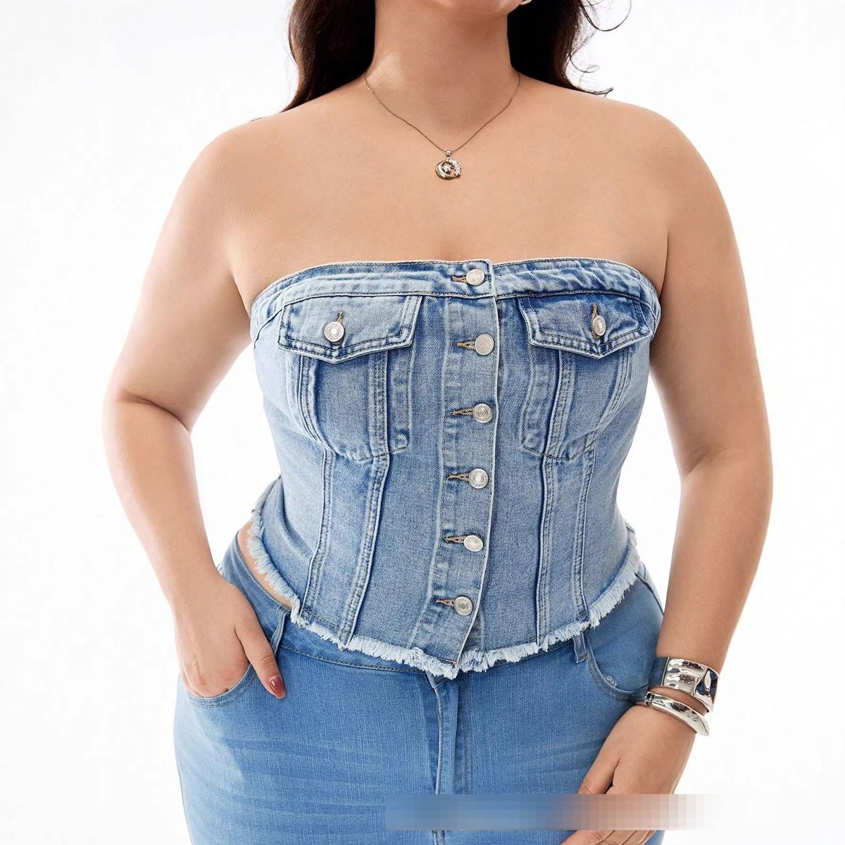 Women's Clothing Plus Size Strapless Denim Top Retro Waist Cinching Fashionable Tank Camis_ecoleips.com