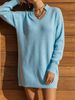 Lightweight Airy Stand Collar Split V Neck Loose Long Sleeve Knit Dress_ecoleips.com