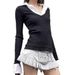 Women's Slim Fit Long Sleeve Polo Collar T-Shirt American Style Preppy Faux Two Piece Flattering Top for Spring Layering_ecoleips.com