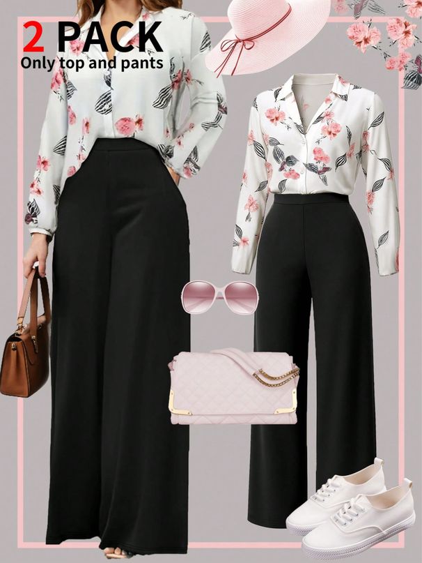 Women's Autumn Chinese Ink Painting Print Shirt & Casual Pants Two-Piece Set, Floral Artistic Outfit_ecoleips.com