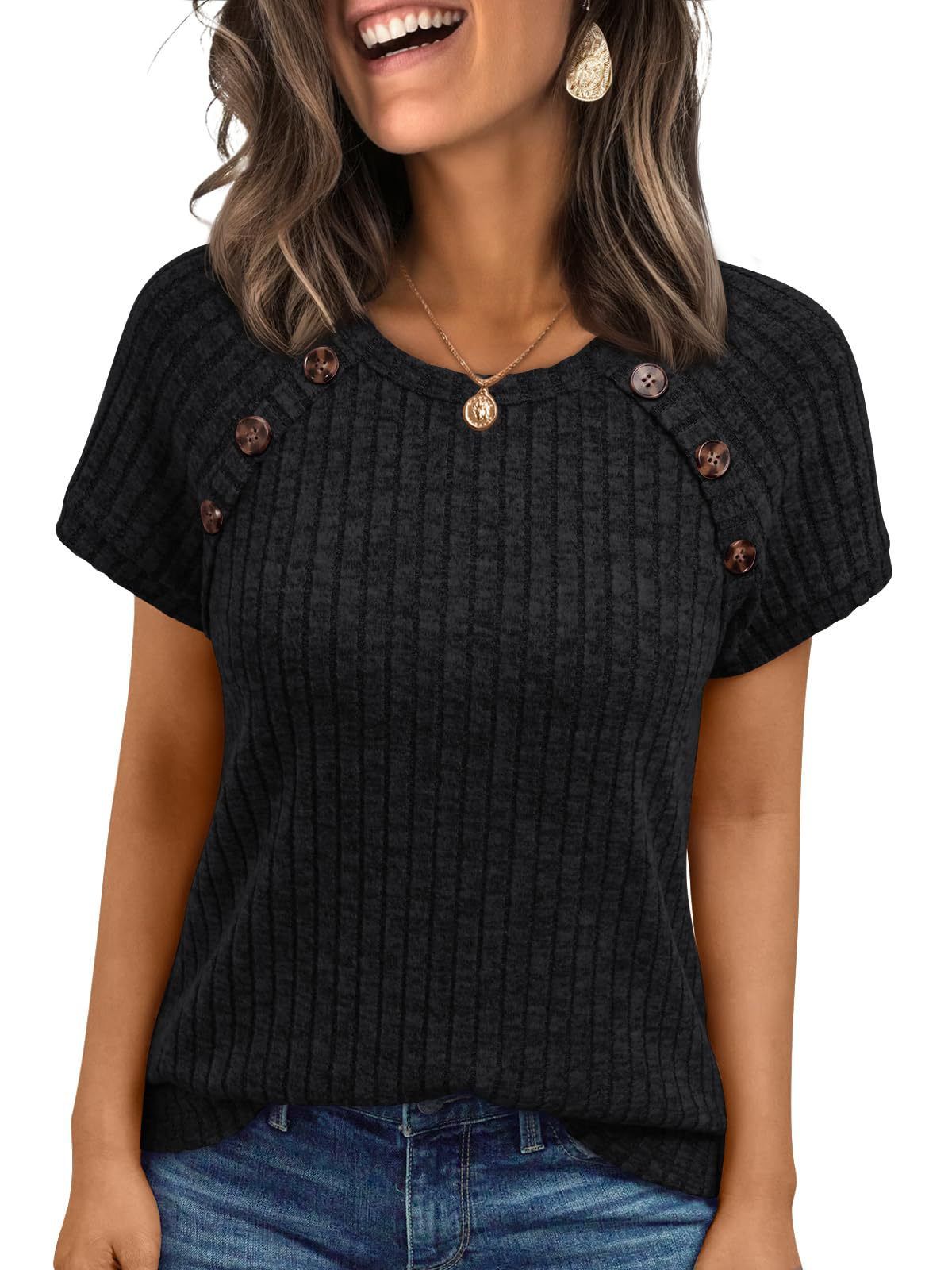 Women's Casual Short Sleeve Top With Ribbed Knit And Button Detail, Relaxed Fit Crewneck Shirt For Everyday Wear_ecoleips.com