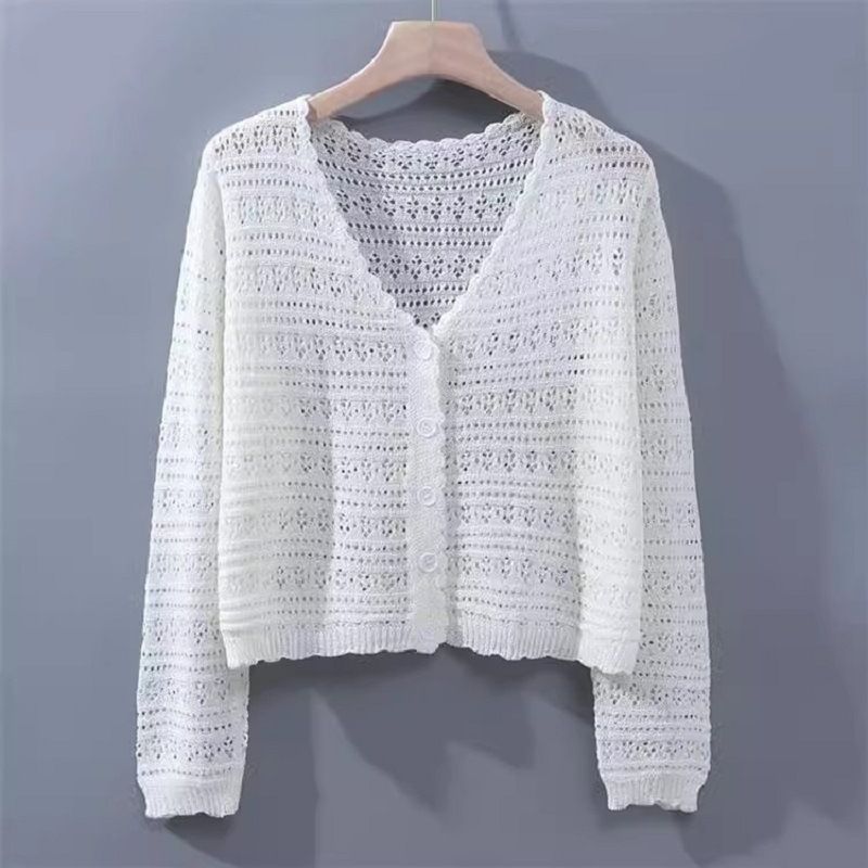 K Gentle And Sweet Short V-neck Hollowed Out Knitted Cardigan For Women, Loose And Stylish Thin Design, Draped Over A Shawl, Sun Protection Jacket_ecoleips.com