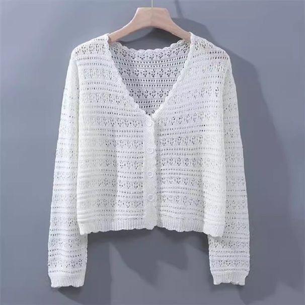 K Gentle And Sweet Short V-neck Hollowed Out Knitted Cardigan For Women, Loose And Stylish Thin Design, Draped Over A Shawl, Sun Protection Jacket_ecoleips.com