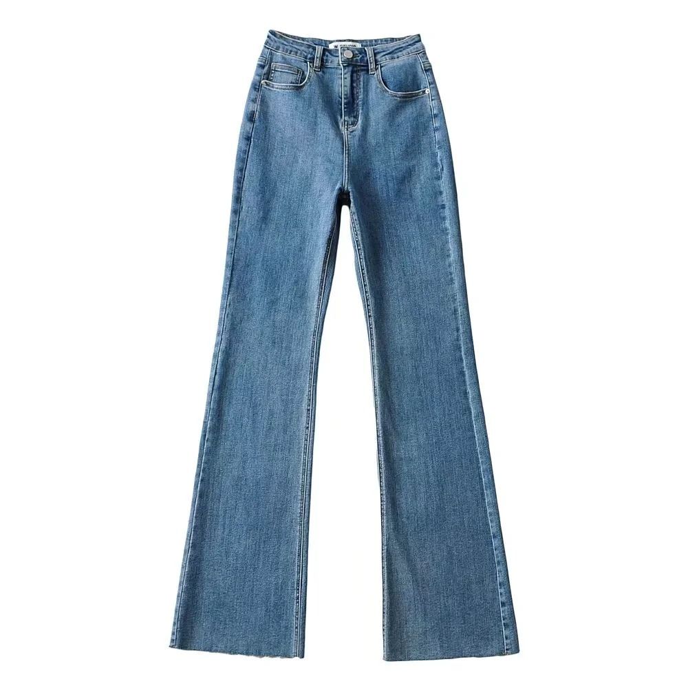 Women's Clothing Blogger High Waist Elastic Bell Bottom Pants Hot Girl Slim Raw Edge Long Jeans_ecoleips.com