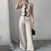 Women's Clothing Contrast Color Bow Tie Shirt Beige Wide Leg Pants Suit_ecoleips.com