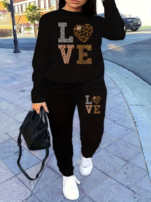 Women's Autumn And Winter Hip-hop Casual Street Leopard Print LOVE Pattern Printed Round Neck Sports Shirt+sports Pants Warm Set-661_ecoleips.com