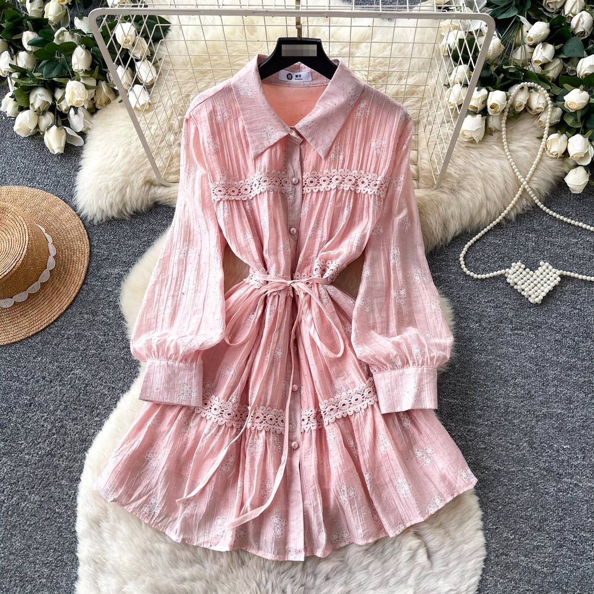 French Retro Notched Lapel Tie-Waist Lace Trim Dress For Women, Mint Green A-Line Office Casual Dress_ecoleips.com