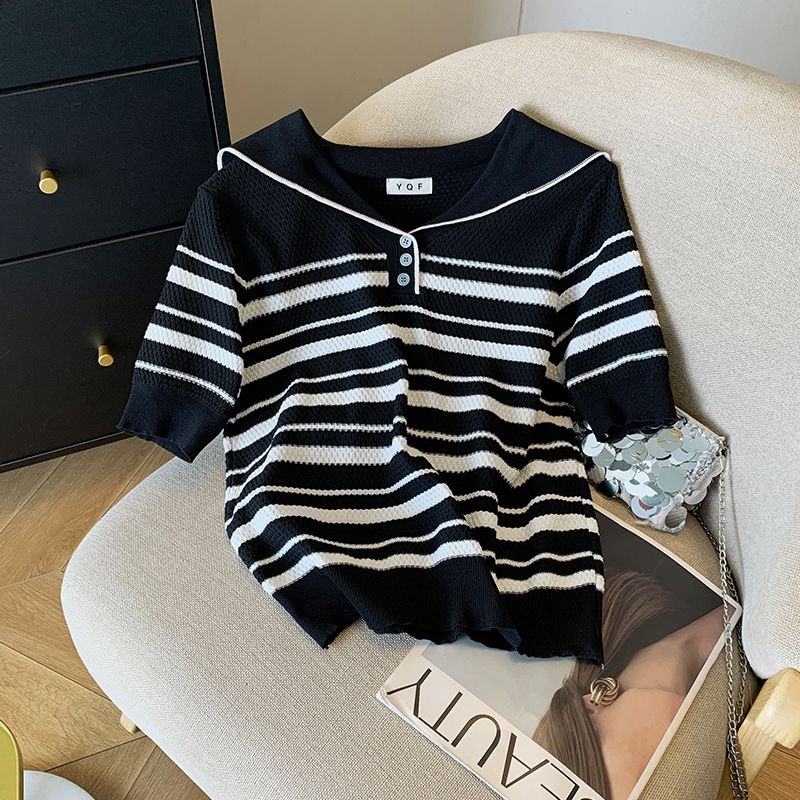 Women's Clothing Summer New Ins Design Lapel Striped Top T Shirt Ice Silk Sweater Female_ecoleips.com