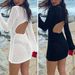 New Hollow Texture Round Neck Long Sleeve Holiday Short Dress Beach Sunscreen Halter Short Skirt_ecoleips.com