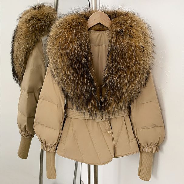 Women's Slim Fit Down Jacket With Detachable Fox Fur Collar, Warm Winter Coat For Petite, Mid-Length Puffer Coat With Belt_ecoleips.com