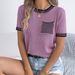 2026 Spring Summer European And American Casual Color-Block Striped Pocket Short Sleeve Knit Top Cross-Border_ecoleips.com