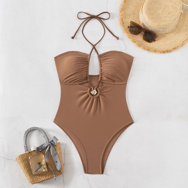 2026 Sexy One Piece Swimsuit European And American Style Pure Alluring Halter Neck Backless Slim Fit Tie up Design_ecoleips.com