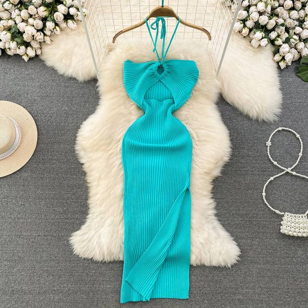 Women's Clothing Temperament Halter Neck Hollow Tight Slimming Backless Sleeveless Mid Length Slit Hip Covering Knitted Bottoming Dress_ecoleips.com