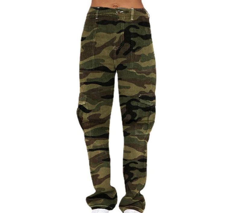 Vintage Camo Cargo Jeans For Women - Streetwear High Waist Loose Fit Denim Pants With Multiple Pockets_ecoleips.com