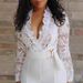 Plus Size Elegant V-Neck Lace Jumpsuit, Long Sleeve Stylish Romper For Women, Casual & Sexy One-Piece Outfit (0XL-5XL, Black & White)_ecoleips.com