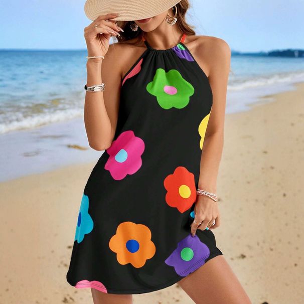Women's Clothing Colorful Floral Print Halter Neck Dress Women's Sleeveless Backless Loose Beach Dress Summer Style_ecoleips.com