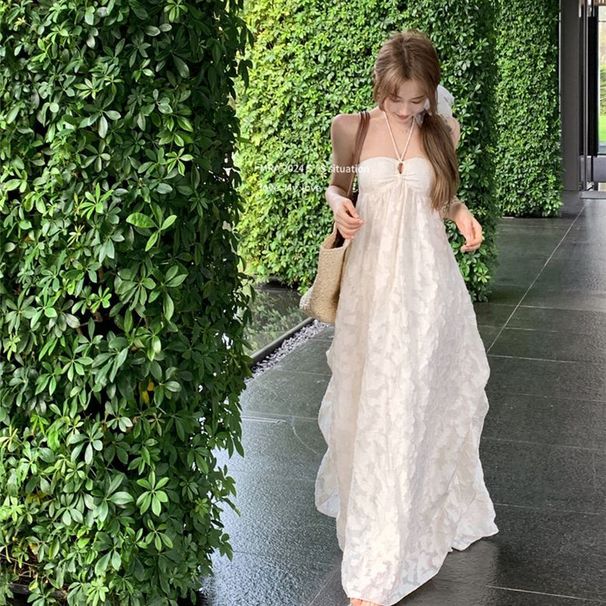 Women's Clothing Women's Backless Halter Neck Dress Beach Vacation Style Padded Bra Alluring Hollow Midi Dress Spring Summer_ecoleips.com