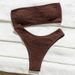 Brown Crinkle Textured Bandeau Bikini Set Strapless High Cut Cheeky Two Piece Swimwear Women Summer Beach Bathing Suit_ecoleips.com