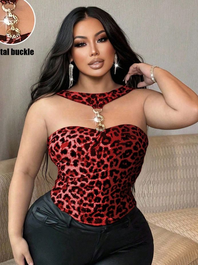 Curvy Leopard Print Halter Cami, Ruched Bust Cutout Metal Button Layering Tank Top_ecoleips.com