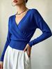 Women Cross Wrap V Neck Ribbed Knit Top Loose Long Sleeve Lightweight Hollow Texture Breathable Skin-friendly Cropped Knit Blouse_ecoleips.com