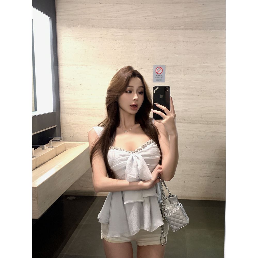 French-style Sexy Bowknot Camisole Women's Summer Top With Ruffles, Waist-cinching, Slimming, Heavy-duty Rhinestone_ecoleips.com