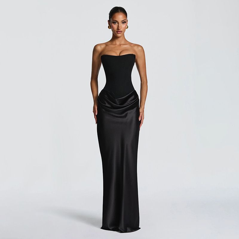 Elegant Strapless Bodycon Bandage Dress For Women, Sleeveless Backless Midi Dress With Contrast Panels_ecoleips.com